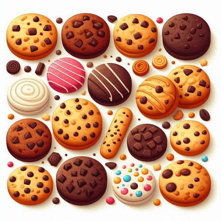 Chocolate cookies background with chocolate candies and round cookies, vector illustrationのイラスト素材