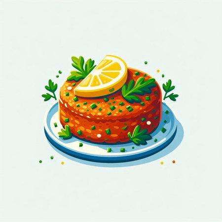 Tartar with lemon and parsley on a plate. Vector illustration.