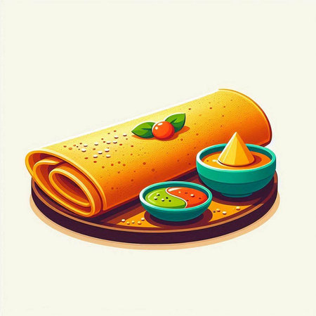 Vector illustration of a roll of pancakes with sour cream and jam.