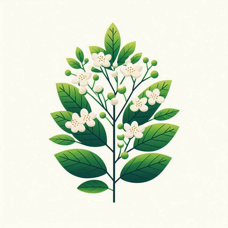 Cherry blossom branch with leaves and flowers. Vector illustration.のイラスト素材