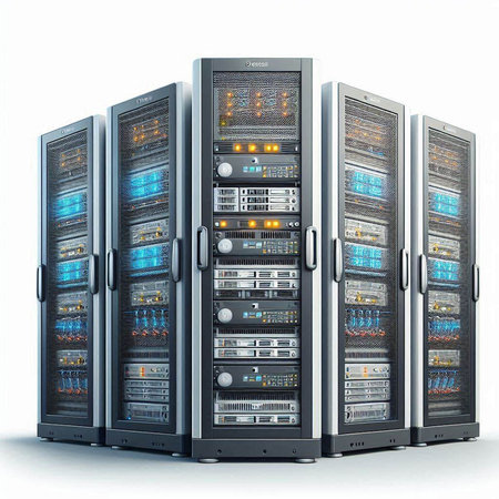 Server racks isolated on white background. 3D rendering. Computer digital drawing.