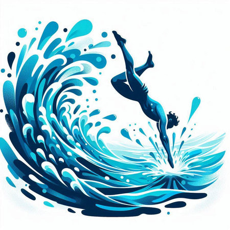 Vector illustration of a man swimming in the ocean with splashes.