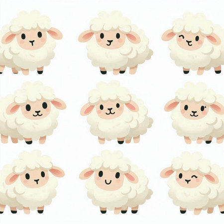 Seamless pattern with cute white sheep on white background. Vector illustration.