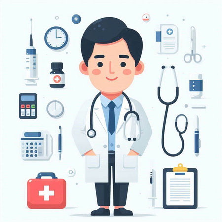 Doctor with stethoscope and medical equipment. Vector illustration in flat styleのイラスト素材