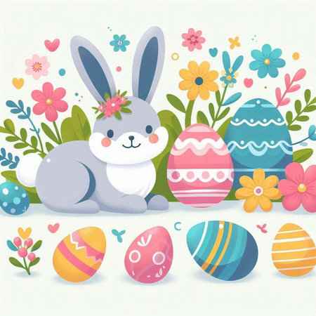 Easter bunny with colorful eggs and flowers. Vector illustration for your design