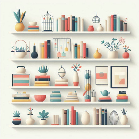 Vector illustration of a bookshelf with books, plants and decorationsのイラスト素材