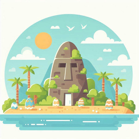 Vector illustration of an island in the sea with palm trees and houses.のイラスト素材