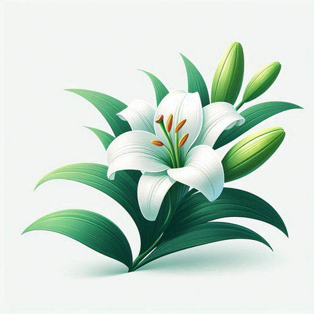 White lily flower with green leaves on white background. Vector illustration.のイラスト素材