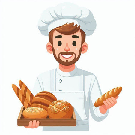 Baker holding bread in his hands. Vector illustration in cartoon style