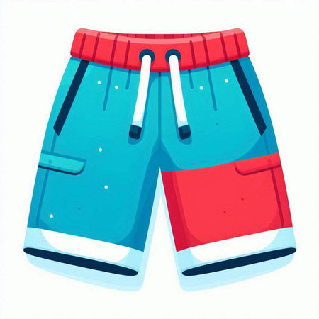 Blue shorts with red stripes on a white background. Vector illustration.