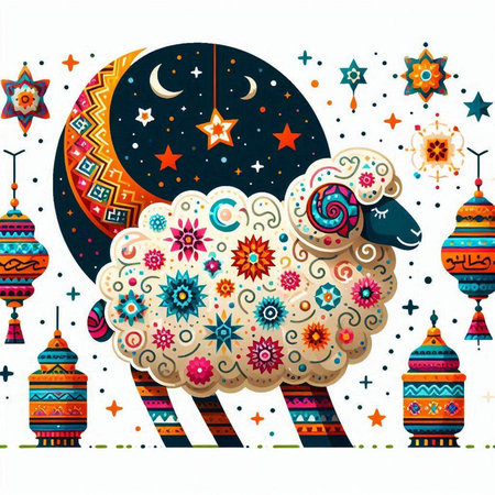 Ramadan Kareem greeting card with sheep and moon. Vector illustrationのイラスト素材
