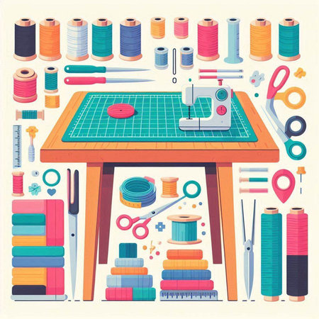 Sewing tools and accessories on wooden table. Vector illustration.のイラスト素材