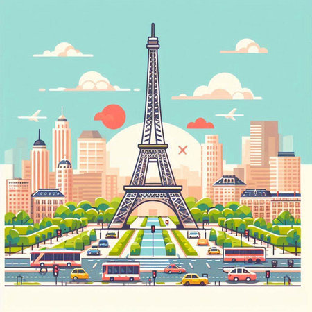 Paris cityscape with Eiffel Tower. Vector illustration in flat styleのイラスト素材