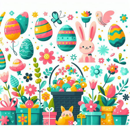 Easter background with flowers, eggs and bunny. Vector illustration.