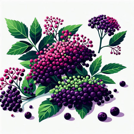 Bunch of black elderberry with berries and leaves. Vector illustration.