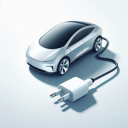 Electric car and plug on a white background. 3D rendering.