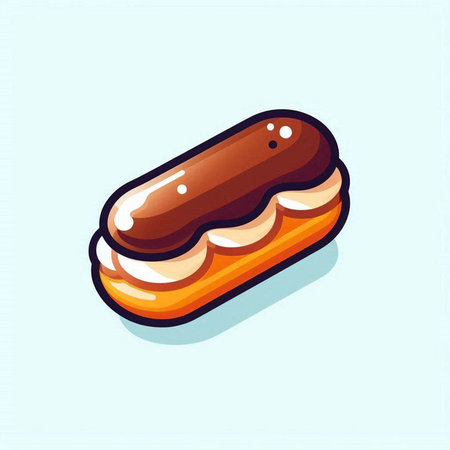 Creamy eclair with chocolate icing. Vector illustration in cartoon style.