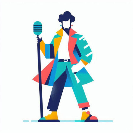 Man in a medical mask and with a microphone. Vector illustration.のイラスト素材