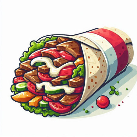 Illustration of a roll with meat and vegetables on a white backgroundのイラスト素材