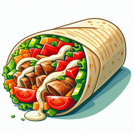 Illustration of a tortilla wrap with lettuce, tomato and cheeseのイラスト素材