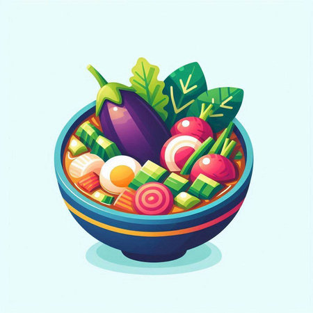Vegetable salad in a bowl. Vector illustration on blue background.のイラスト素材
