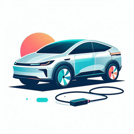 Electric car vector illustration. Electric car charging station with charger cable.