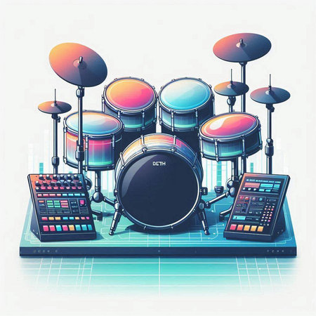 Drum set on a digital tablet, vector illustration in retro style