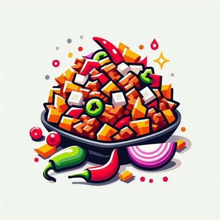 Vector illustration of a bowl of spicy chutney with vegetables.
