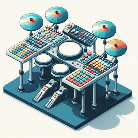 Electronic music equipment in isometric 3d style. Vector illustration.