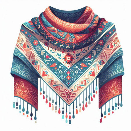 Vector hand drawn illustration of a warm knitted scarf with ethnic ornaments.