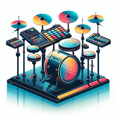 Drum kit isometric composition with musical instruments on white background vector illustration