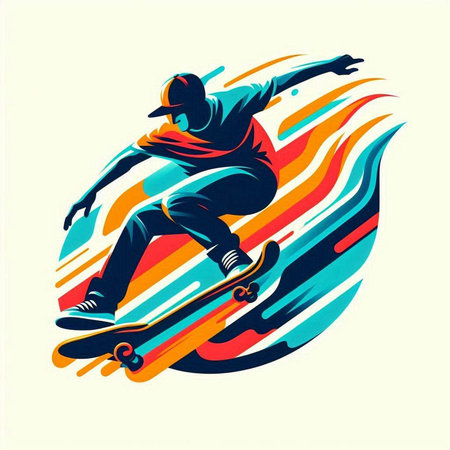Skateboarder jumping on a colorful background. Vector illustration.