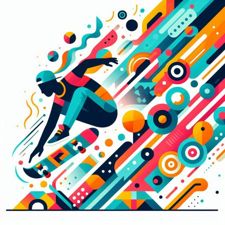 Skateboarder jumping in a colorful background. Vector illustration.