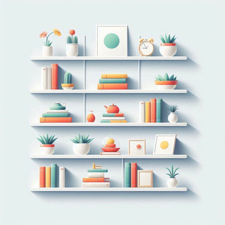 Bookshelf with books and decorations. Vector illustration in flat style