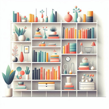 Bookshelf with books and decorations. Vector illustration in retro style