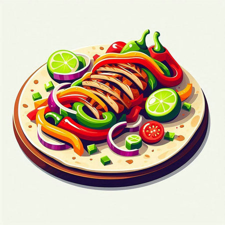 Delicious mexican tacos with grilled meat and vegetables. Vector illustration.