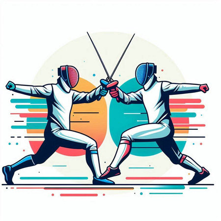Two Fencing Fencing Players Action Cartoon Vector Illustration on White Background