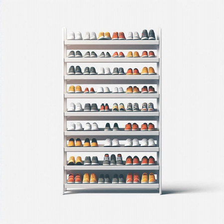 Shelves with shoes on white background. 3D illustration.