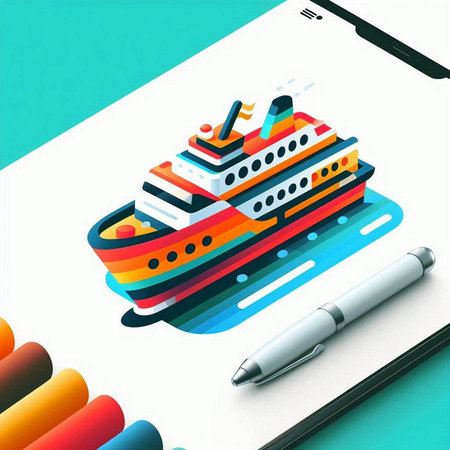 Cruise ship and pen on a white background. Vector illustration.