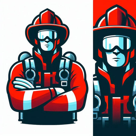 Firefighter with helmet and goggles. Vector illustration in retro style.