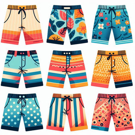 Swimming trunks. Vector illustration. Set of summer shorts.
