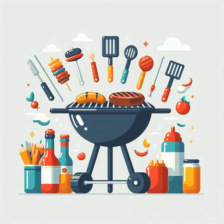 Barbecue party. Grill with meat and vegetables. Vector illustration.のイラスト素材