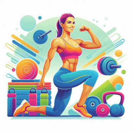 Fitness girl with dumbbells and barbells. Vector illustrationのイラスト素材