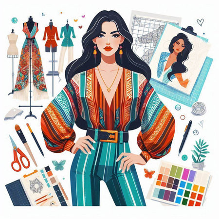 Fashion design. Vector illustration of fashion woman in colorful clothes.