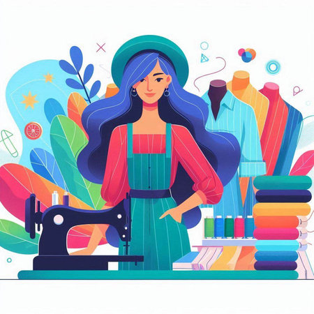 Fashion designer girl with sewing machine. Vector illustration in flat styleのイラスト素材