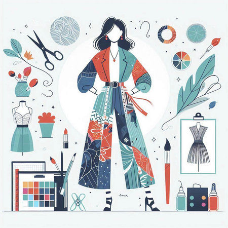 Fashion designer. Vector illustration in a flat style. A girl in a dress.