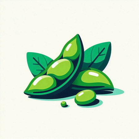 Green soybeans with leaves. Vector illustration of green soybeans.