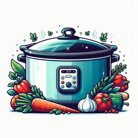 Vector illustration of a multi cooker with vegetables on a white background.