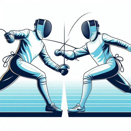 Fencing sport - vector illustration of two young men wearing fencing suits