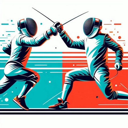 Fencing. Sport background with fencing athletes. Vector illustration in retro style.